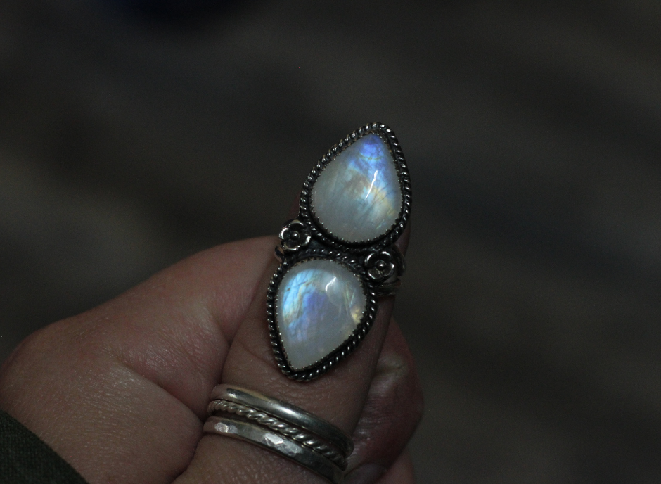 Rainbow Moonstone Floral Sheild Ring // Size 7.5 // OOAK