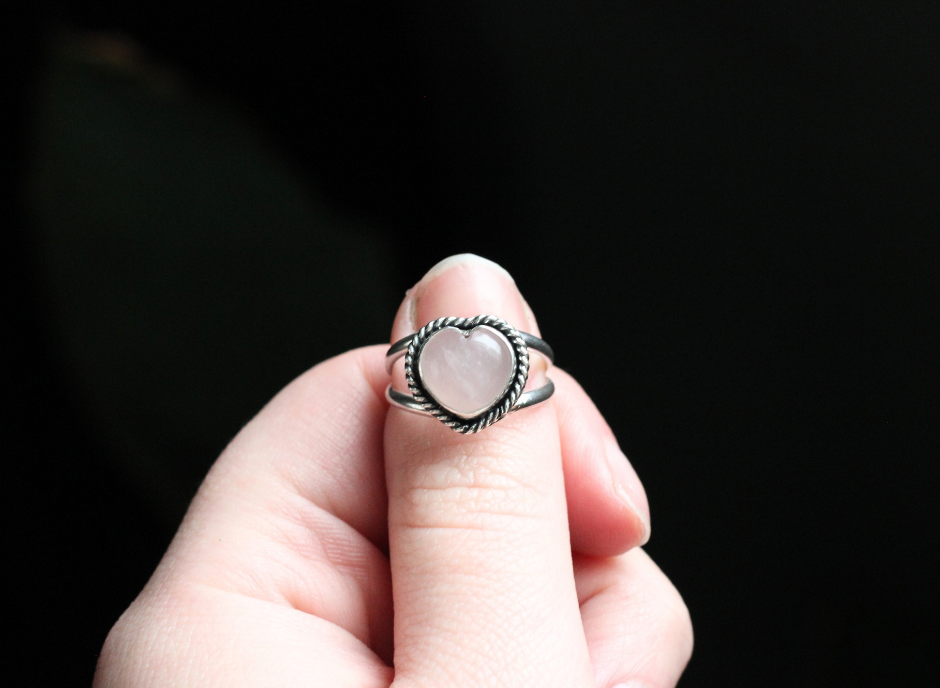Handcrafted sterling silver rose quartz ring — heart shaped stone, rope setting detail, made in Canada